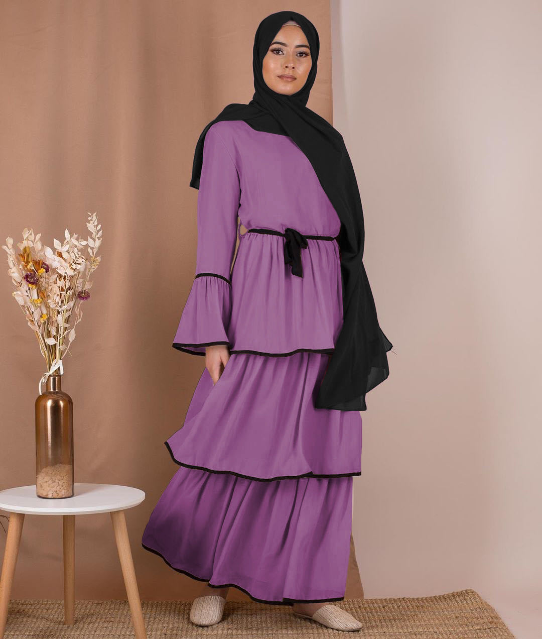 Robe Musulmane Turque Jupe Longue Col Rond Manches Trompette avec Foulard