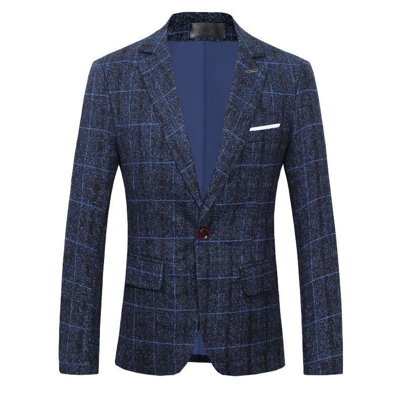 Men's Slim Fit Woolen Plaid Suit Jacket with Lapel Collar