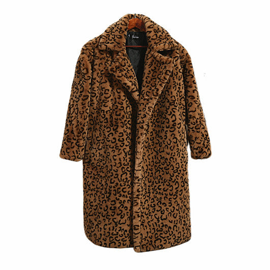 Leopard Print Oversized Fur Coat with Suit Collar in Brown & Gray