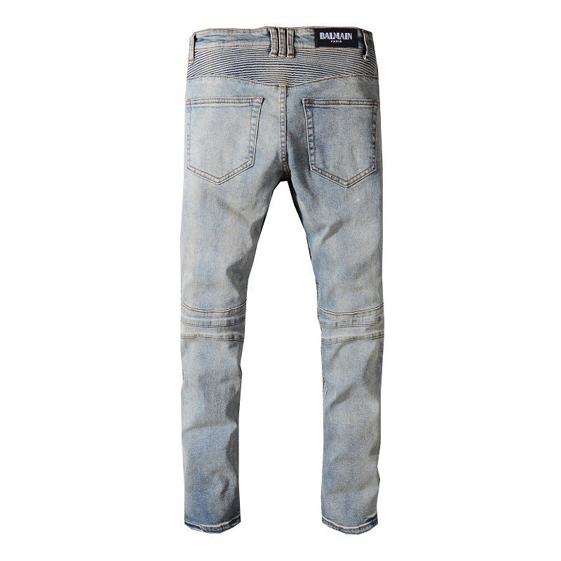 Jean de motard Coupe droite Taille mi-haute Effets d'abrasion et de vieillissement