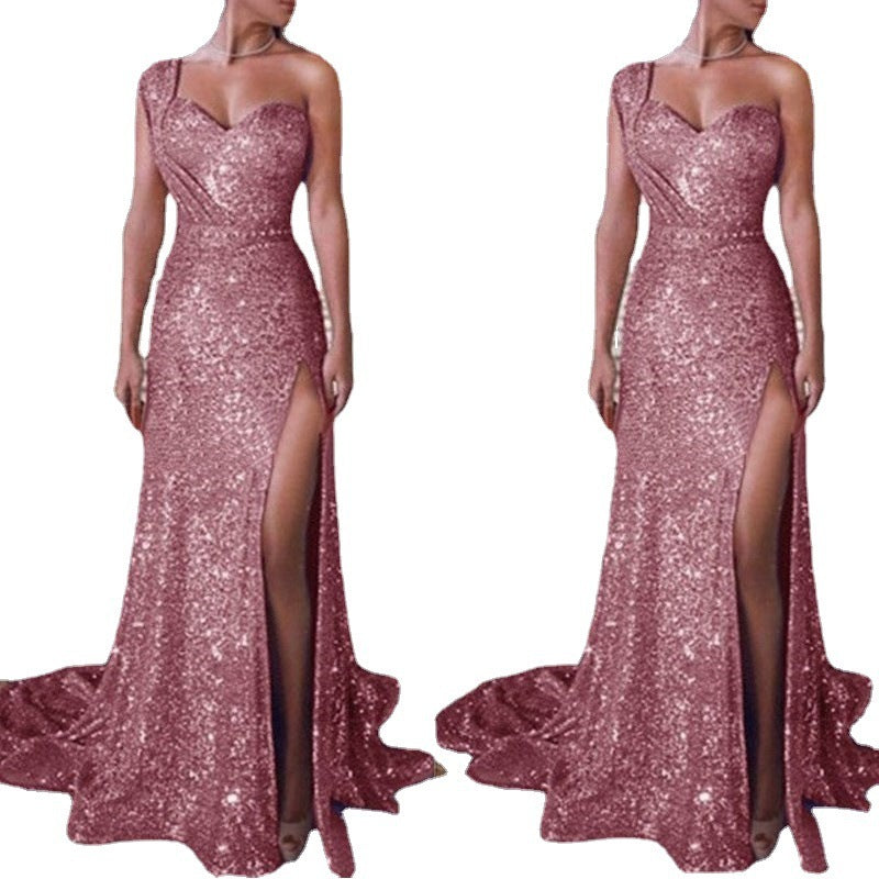 Women's One-Shoulder Sleeveless Bronzing Split Dress