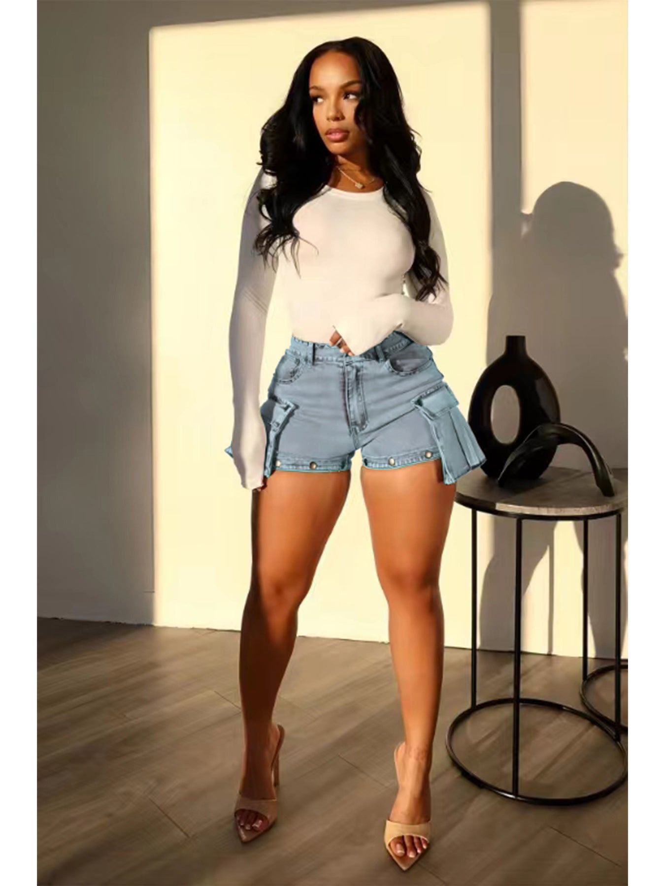 Women's Light Blue Stretch Denim Detachable Hanging Bag Shorts Trousers