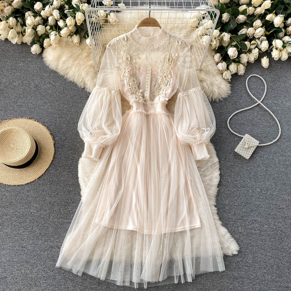 Mesh Stand Collar Lantern Sleeve High Waist Slimming Suspenders Dress