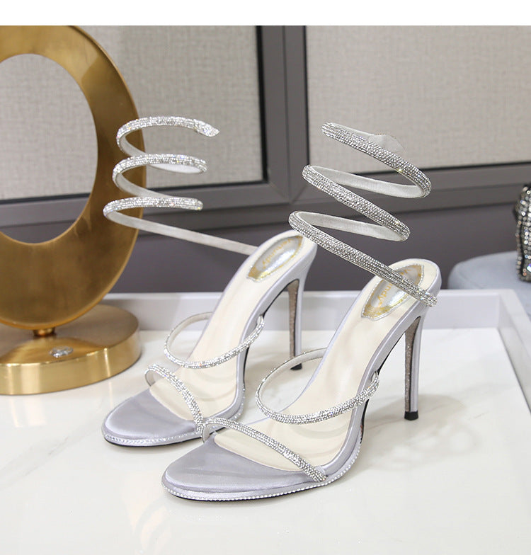 Women's Rhinestone Satin Ankle-Strap Stiletto Heels Sandals