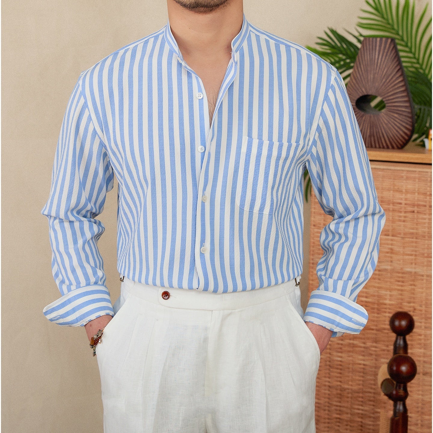 Loose Lapel Seersucker Striped Long Sleeve Shirt