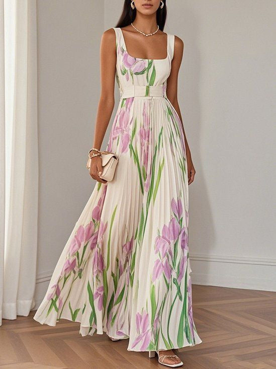 Robe sans manches plissée imprimée taille haute