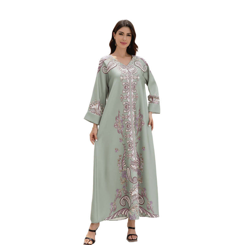 Robe imprimée à col en V et manches longues en polyester argenté pour femmes musulmanes avec perles chaudes