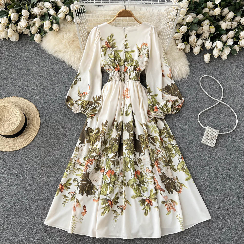 V-Neck High Waist French Retro Floral Chiffon Dress
