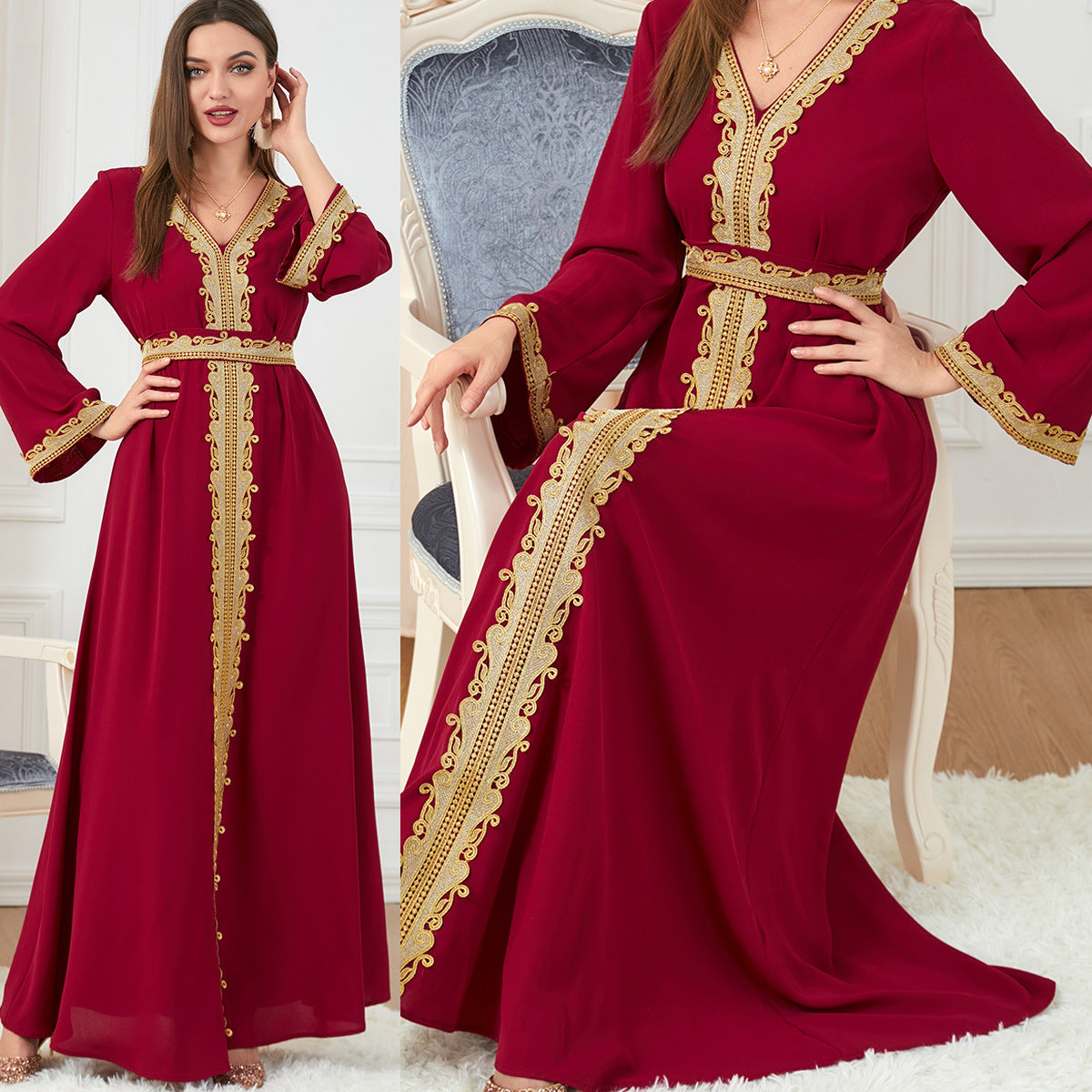 Arabian Women's Temperament Fashion Solid Color Stitching Embroidery Long-sleeved Dress