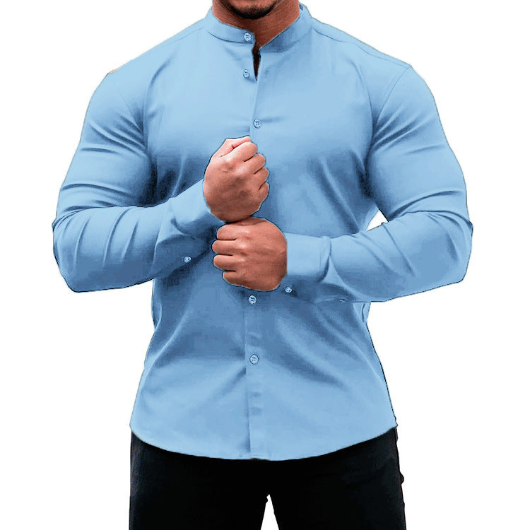 Men's Casual Long Sleeve Slim Button-Down Shirt Solid Colors Polyester