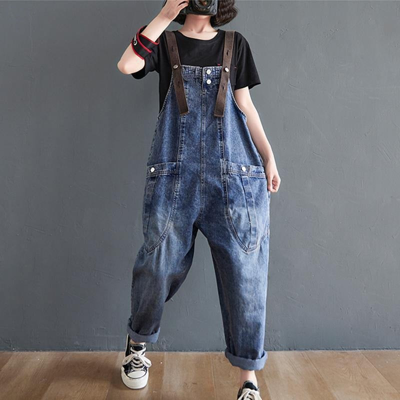 Women's Loose Light Blue Denim Overalls High Waist Slim Fit