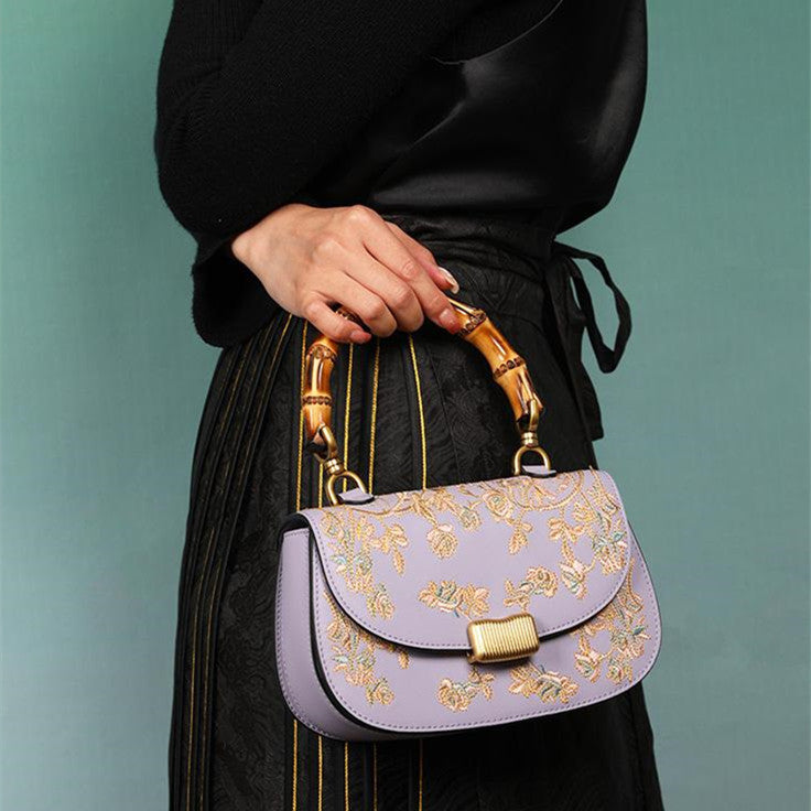 Cowhide Embroidered Bamboo Handle Ladies Handbag