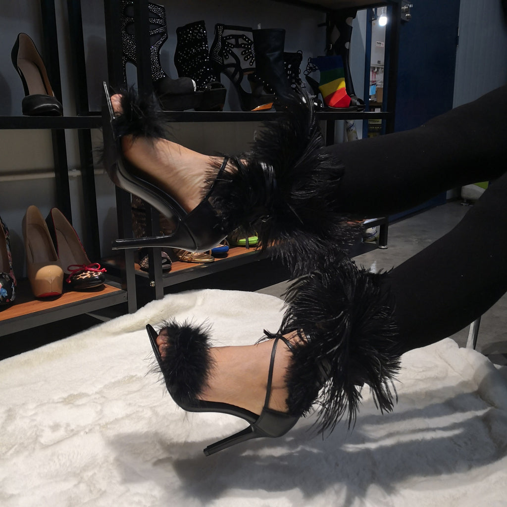 Lace-Up Feather Sandals in Red & Black with 10-13cm Heels, Sizes 34-47