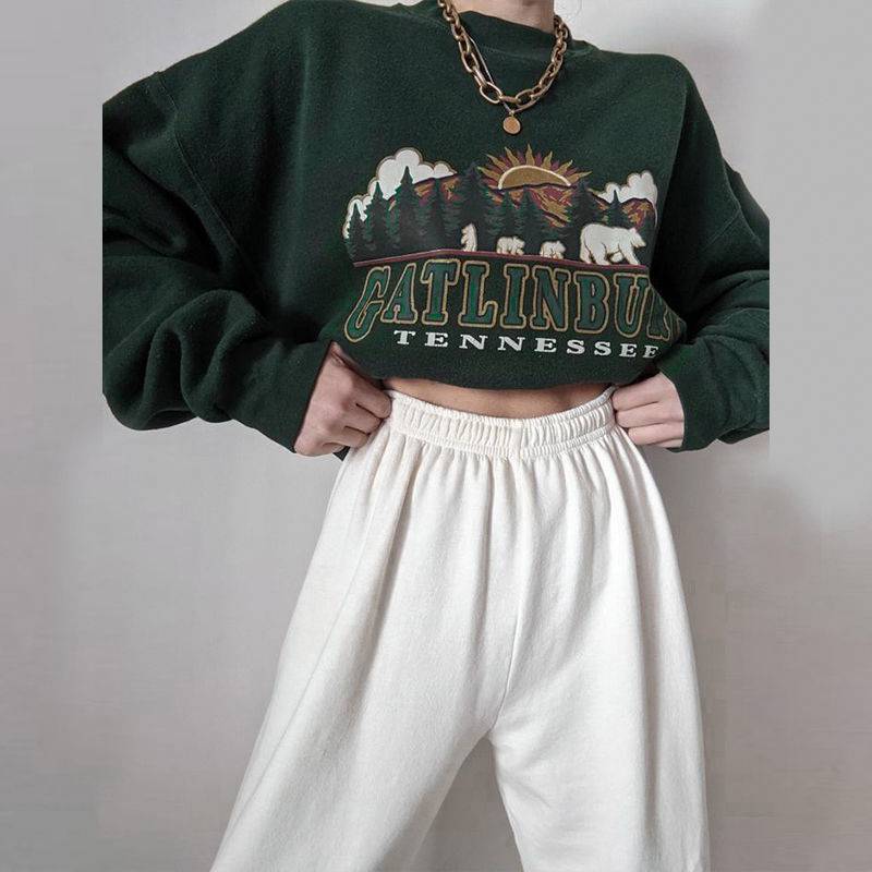 American Retro Dark Green Cotton Round Neck Sweater for Women