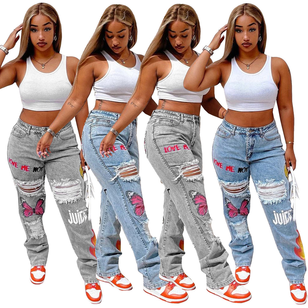 Jean fashion femme taille haute imprimé numérique déchiré bleu