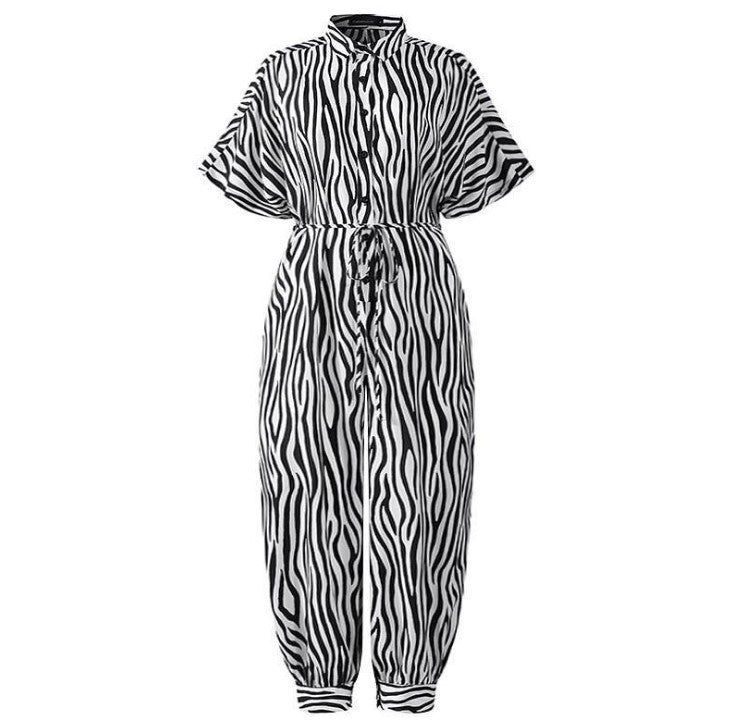 Short Sleeve Buttoned High-Waist Jumpsuit with Belt
