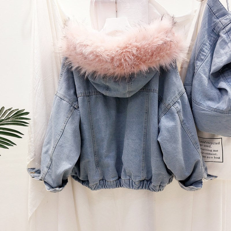 Plush Padded Cotton Denim Jacket with Long Sleeves