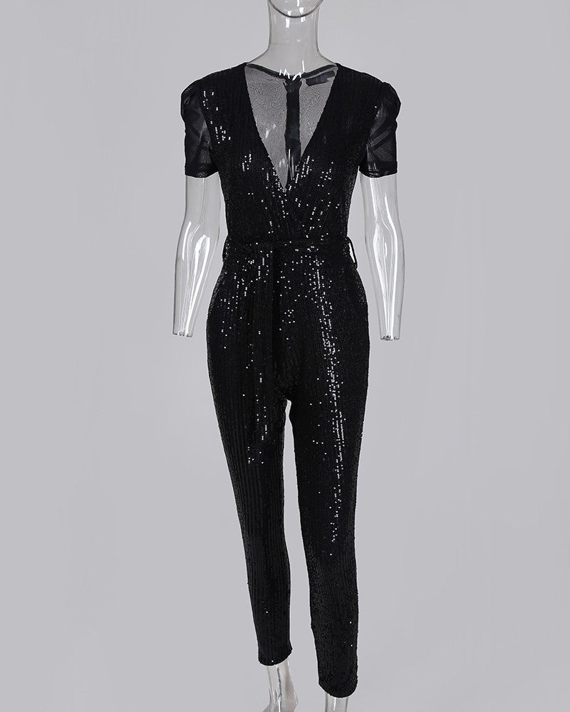 Combinaison longue à paillettes noire en V profond, mélange de coton