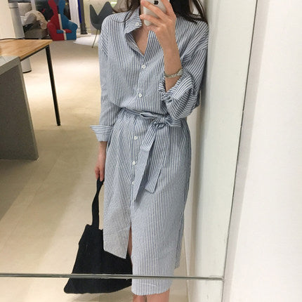 Jupe chemise en coton et lin rayée avec fente
