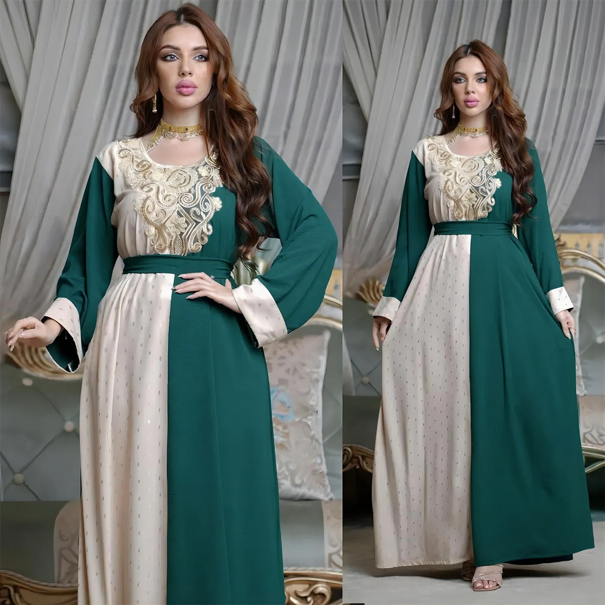 فستان تونيك مسلم مطرز بتطريزات مع حزام باللونين الأخضر والأزرق، متوفر بمقاسات M-XXL