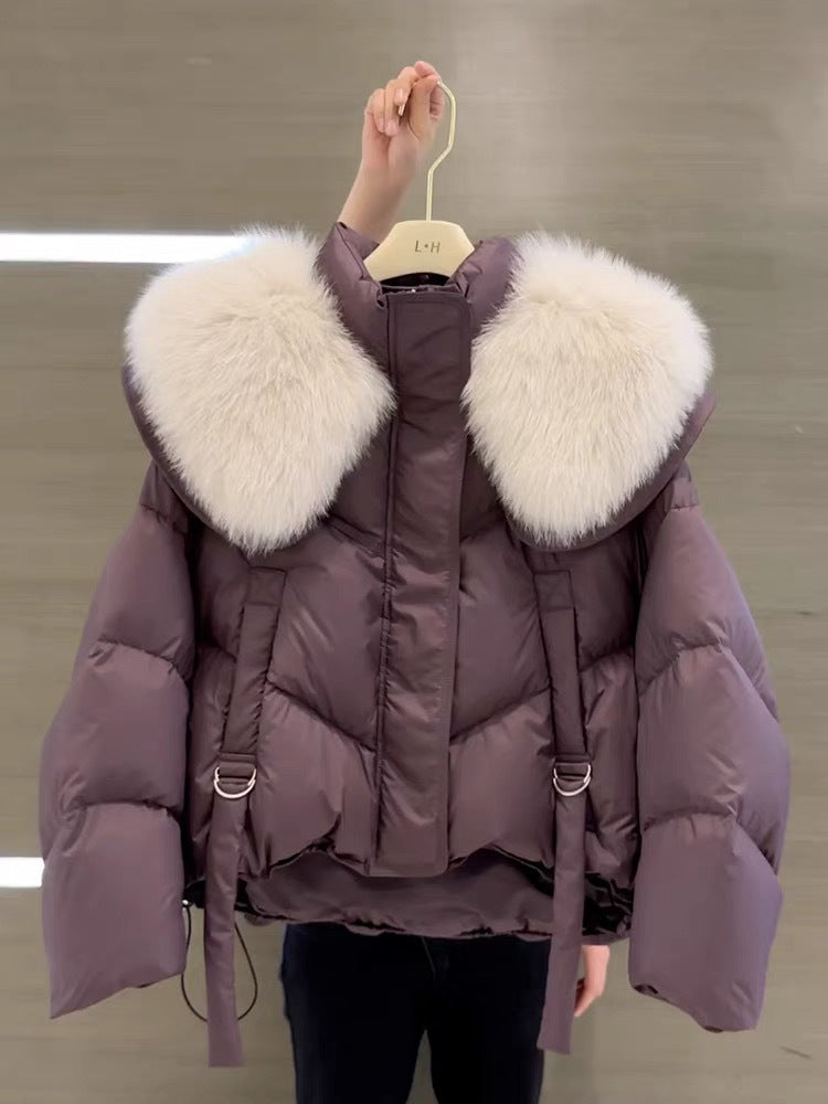 Manteau d'hiver matelassé en coton noir avec col en fourrure pour femme