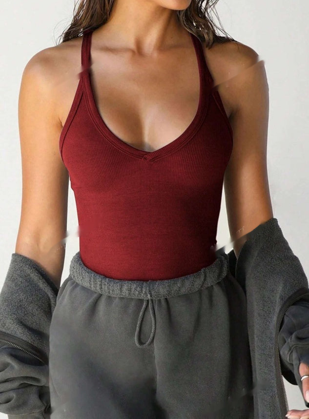 Slim-Fit Burgundy Sleeveless V-Neck Crop Tank Top