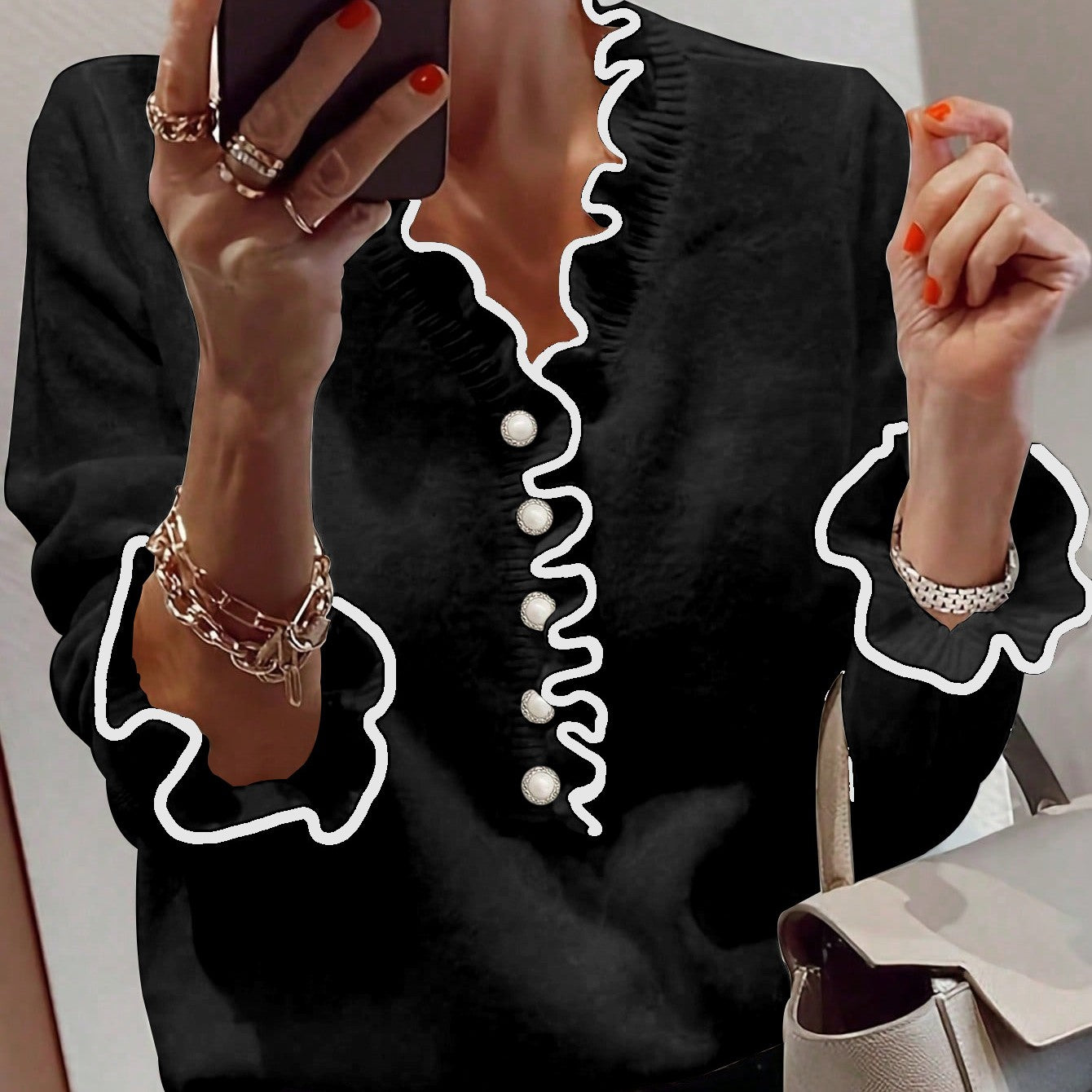 Women's Long Sleeve V-Neck Bell Sleeve Sweater Pullover