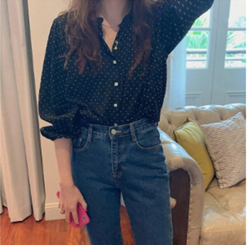 Loose Polka Dot Rayon Lantern Sleeve Shirt