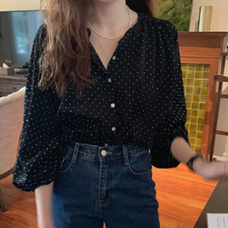 Loose Polka Dot Rayon Lantern Sleeve Shirt