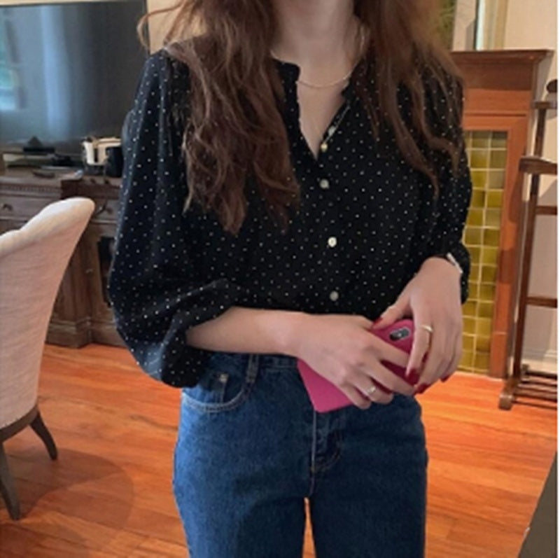 Loose Polka Dot Rayon Lantern Sleeve Shirt