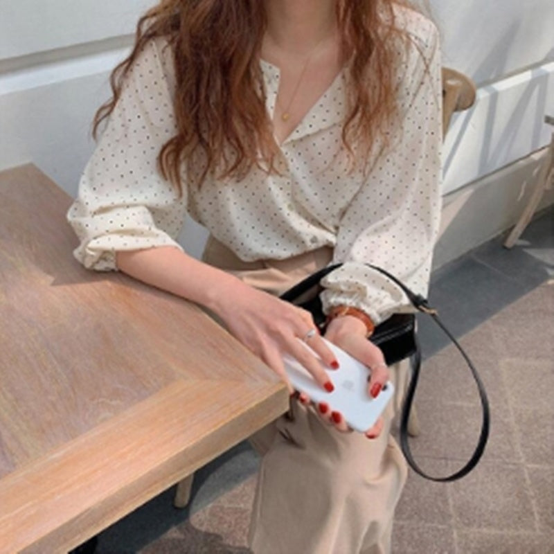 Loose Polka Dot Rayon Lantern Sleeve Shirt
