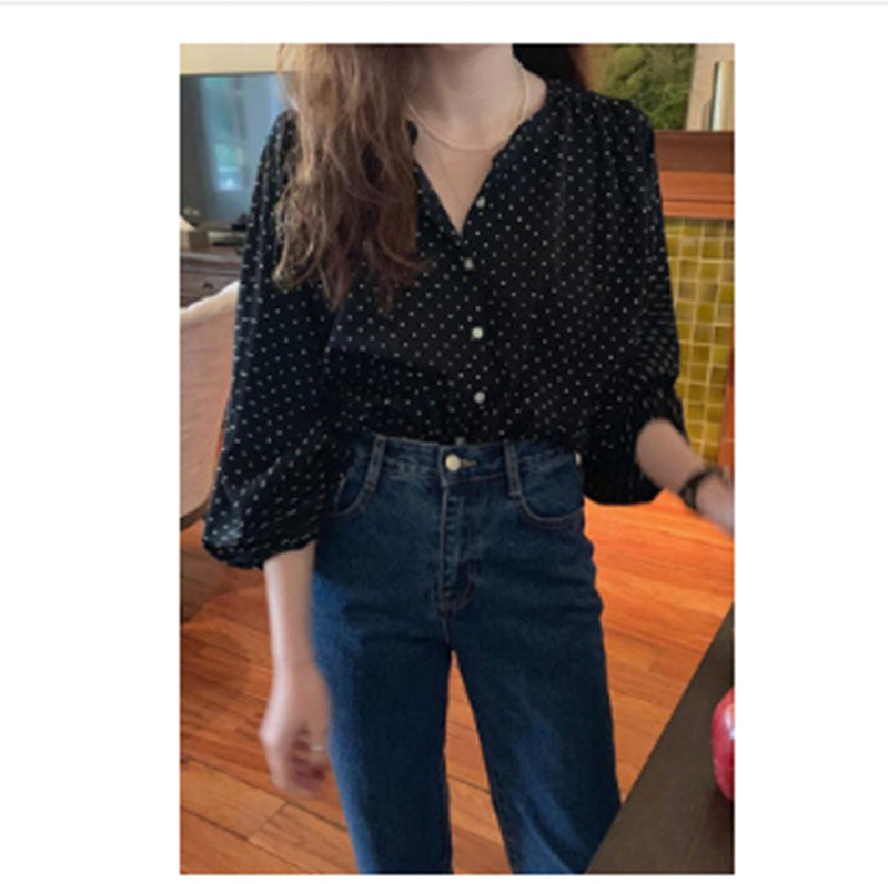 Loose Polka Dot Rayon Lantern Sleeve Shirt