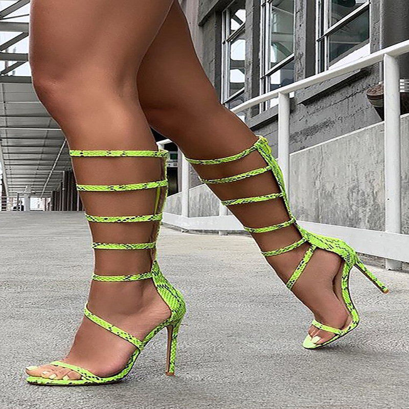 Slim Snake Print Hollow High Heel Roman Sandals