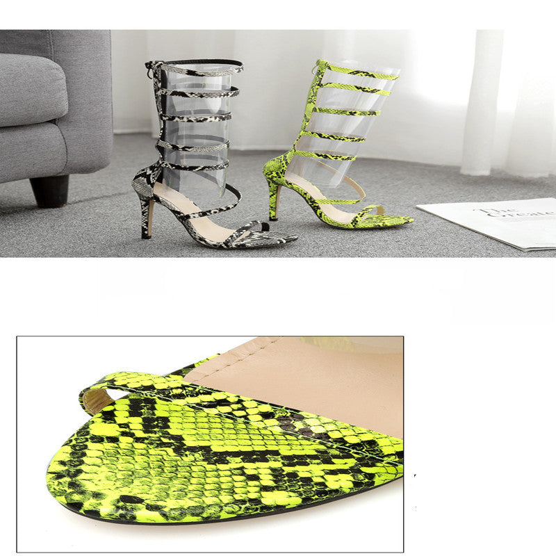 Slim Snake Print Hollow High Heel Roman Sandals