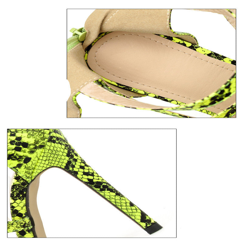 Slim Snake Print Hollow High Heel Roman Sandals