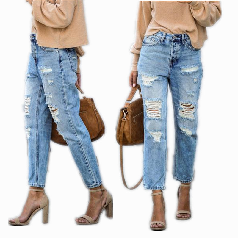 Pantalon en jean déchiré droit taille mi-haute délavé style hipster urbain