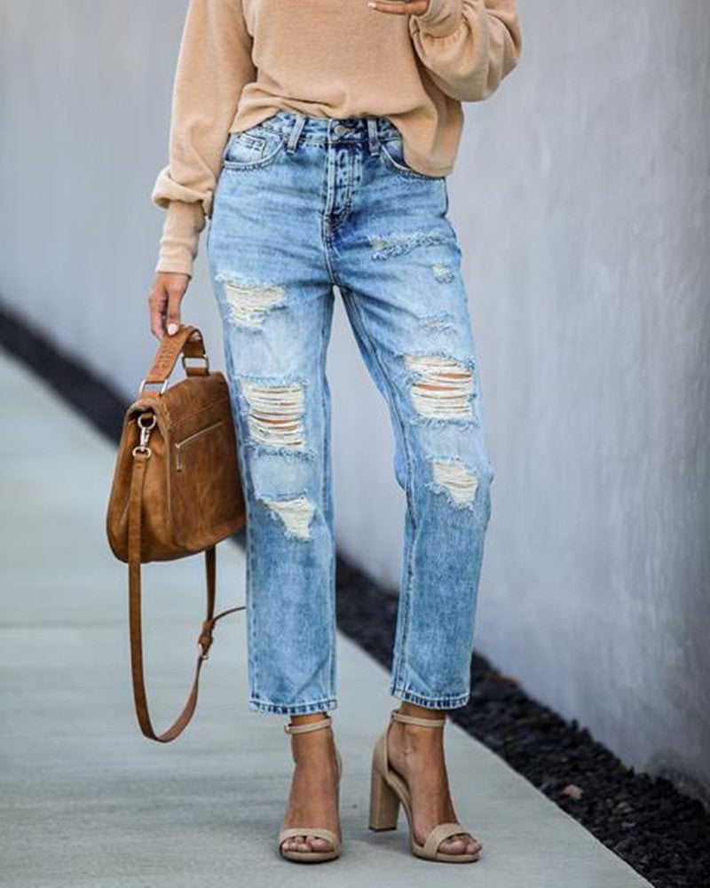 Pantalon en jean déchiré droit taille mi-haute délavé style hipster urbain
