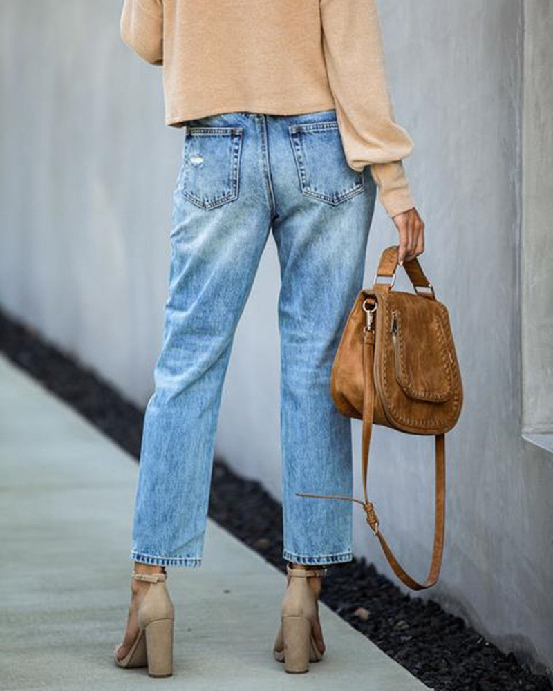 Pantalon en jean déchiré droit taille mi-haute délavé style hipster urbain