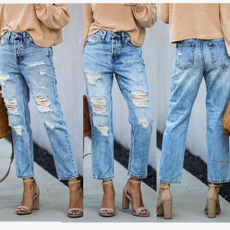 Pantalon en jean déchiré droit taille mi-haute délavé style hipster urbain