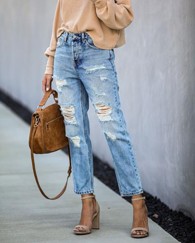 Pantalon en jean déchiré droit taille mi-haute délavé style hipster urbain