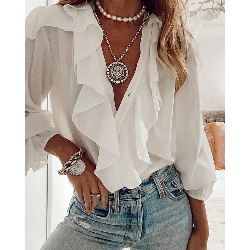 White Long-Sleeve Ruffled Polyester Top
