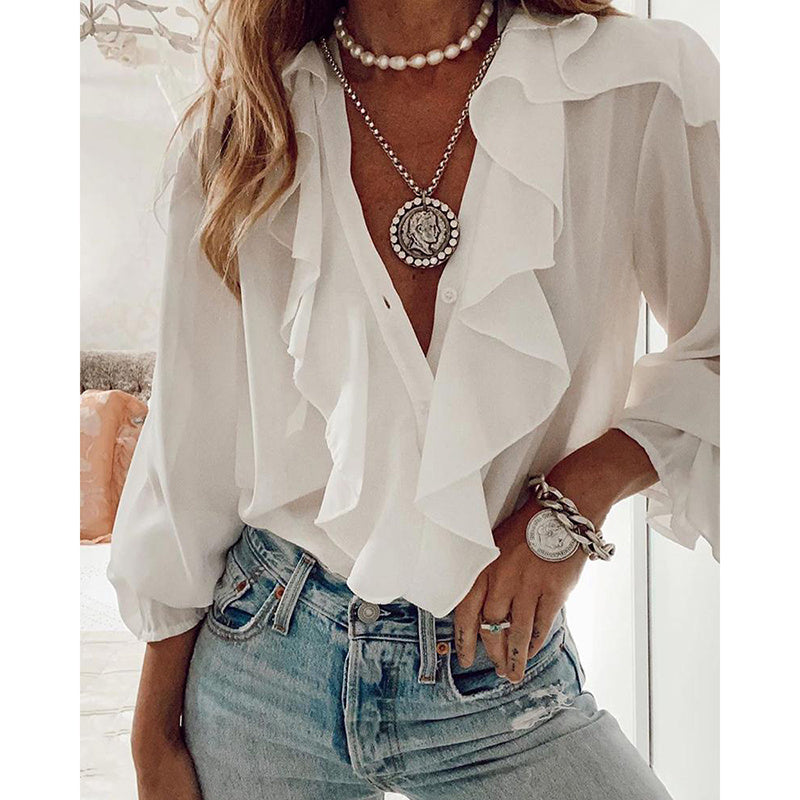 White Long-Sleeve Ruffled Polyester Top