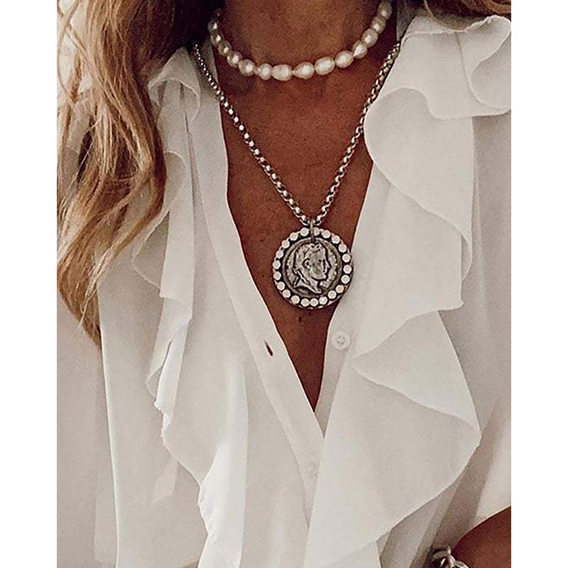 White Long-Sleeve Ruffled Polyester Top