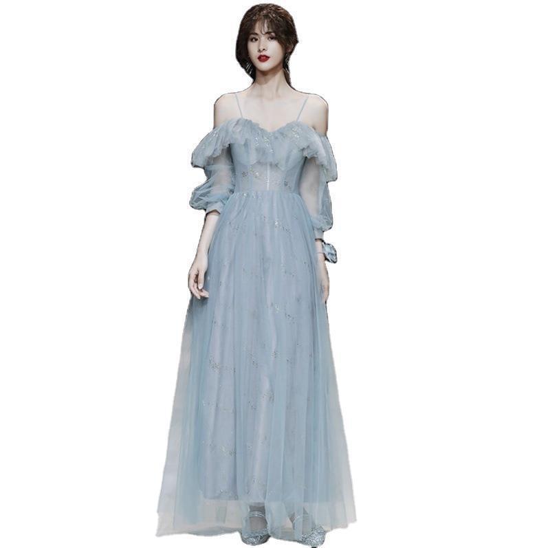Robe de soirée longue gris foncé en dentelle pour bal de promo ou banquet