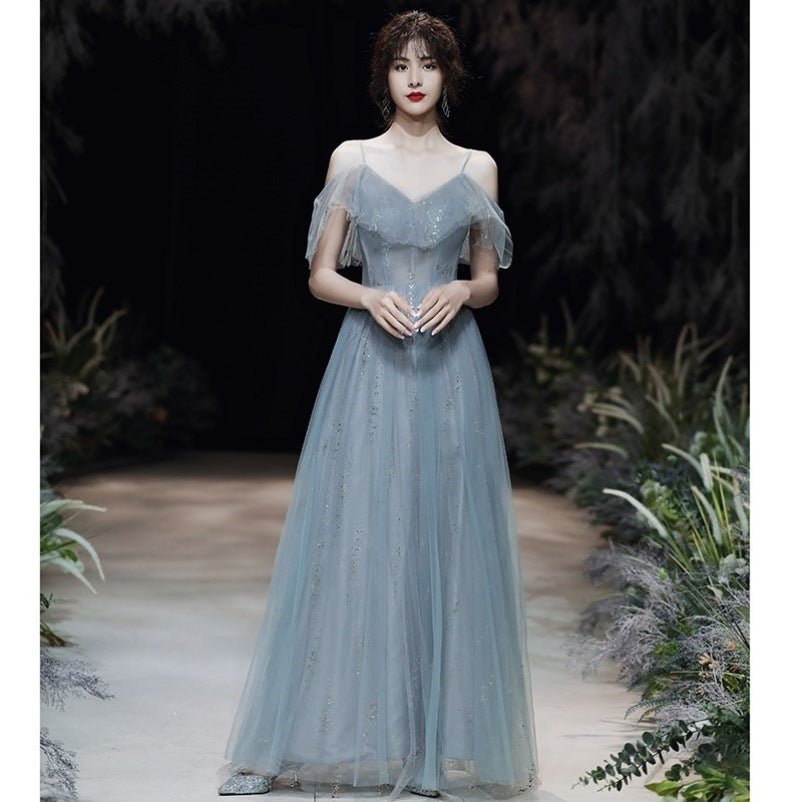 Robe de soirée longue gris foncé en dentelle pour bal de promo ou banquet