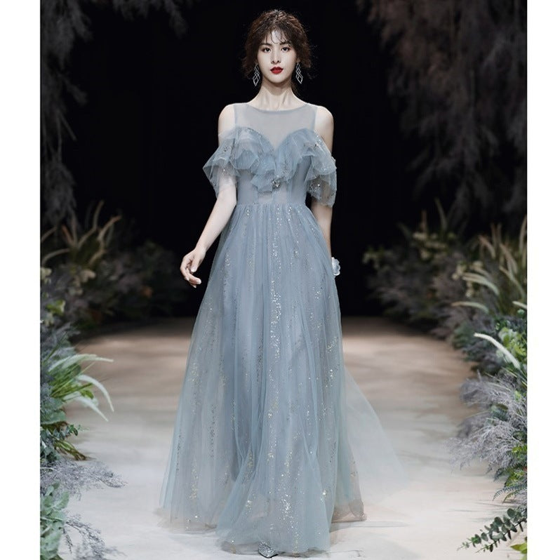 Robe de soirée longue gris foncé en dentelle pour bal de promo ou banquet
