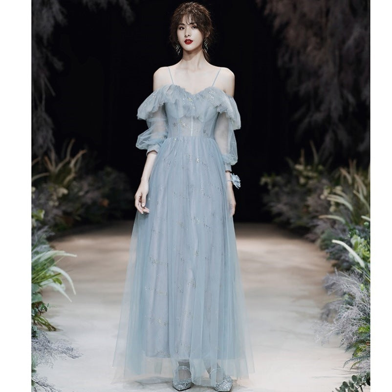Robe de soirée longue gris foncé en dentelle pour bal de promo ou banquet