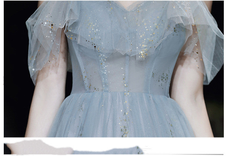 Robe de soirée longue gris foncé en dentelle pour bal de promo ou banquet