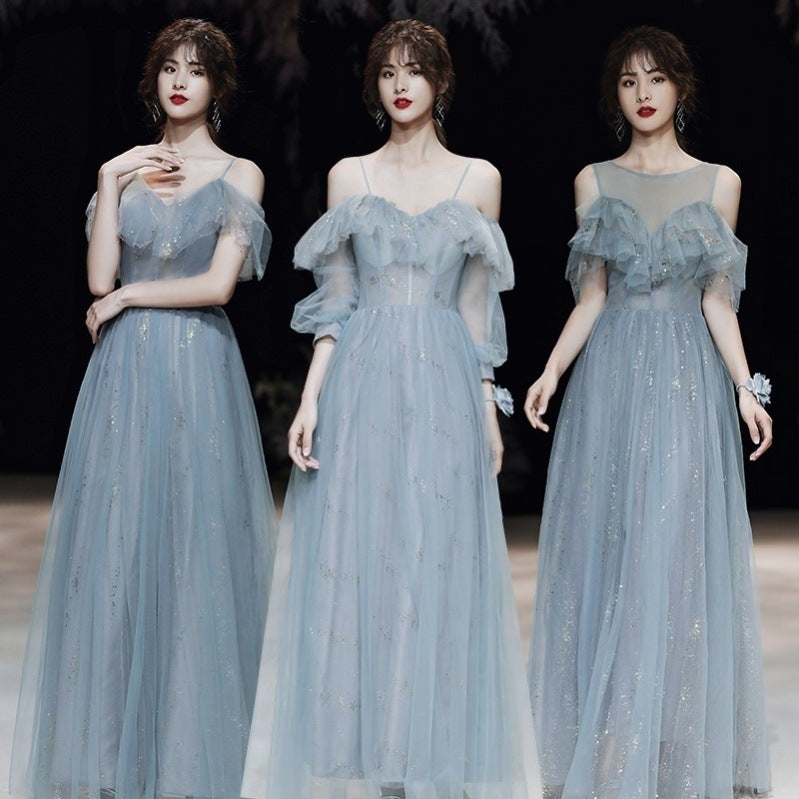 Robe de soirée longue gris foncé en dentelle pour bal de promo ou banquet