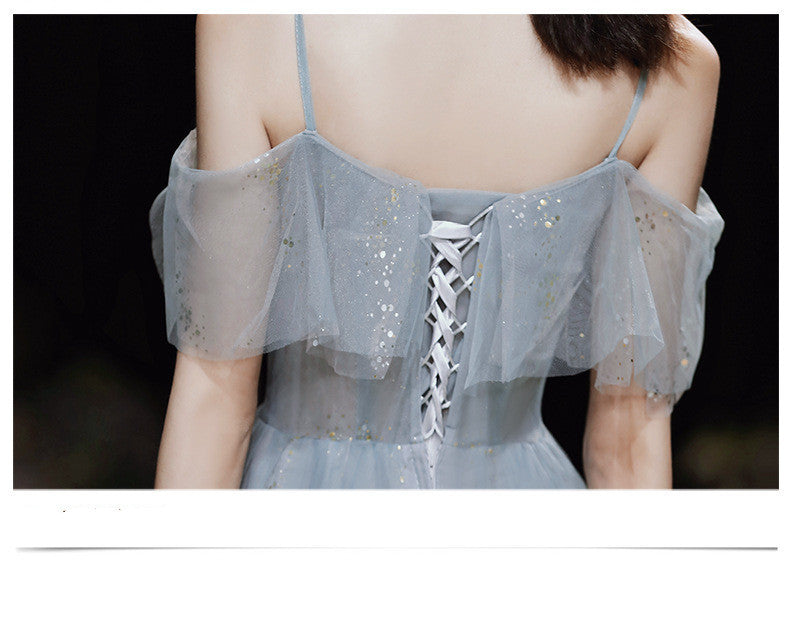 Robe de soirée longue gris foncé en dentelle pour bal de promo ou banquet